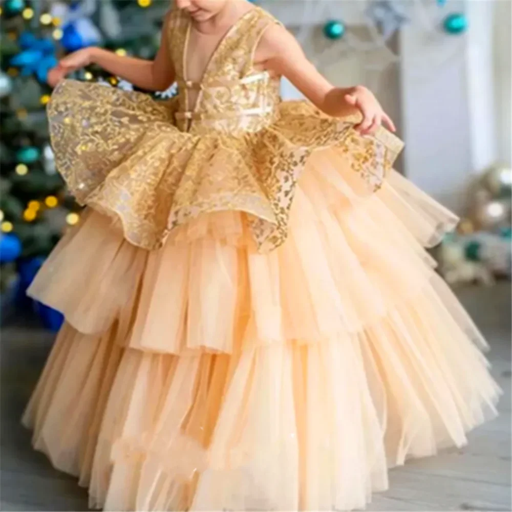 Vestido de encaje de tul sin mangas A + para niña, vestido de flores en capas, Bola de princesa, desfile de belleza, primera comunión, regalo de cumpleaños sorpresa para niños