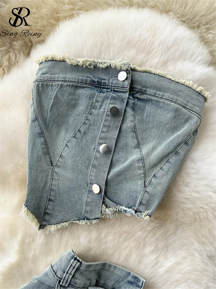 SINGREINY Streetwear Irregular Design Denim Two-piece Set Strapless Button Ruched Top+High Waist Pocket Split Skirt Fashion Suit - Image 3