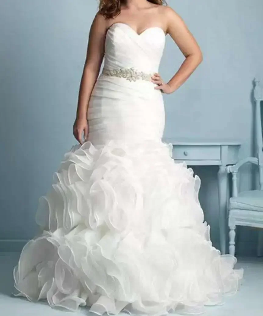 

Customized Amazing African Mermaid Wedding Dress Long Sleeves Jacket Beaded Belt Organza Cascading Ruffles Bridal Gown