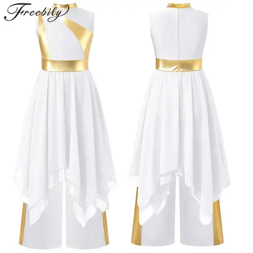 Traje de danza lírica moderna de alabanza litúrgica para niñas, vestido de adoración de coro de iglesia, vestido metálico sin mangas con pantalones de pierna ancha