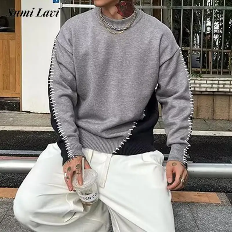 

Stylish Mens Long Sleeve Patchwork Sweater Autumn Winter Daily Casual O Neck Jumper Tops Men Fashionable Contrast Color Sweaters