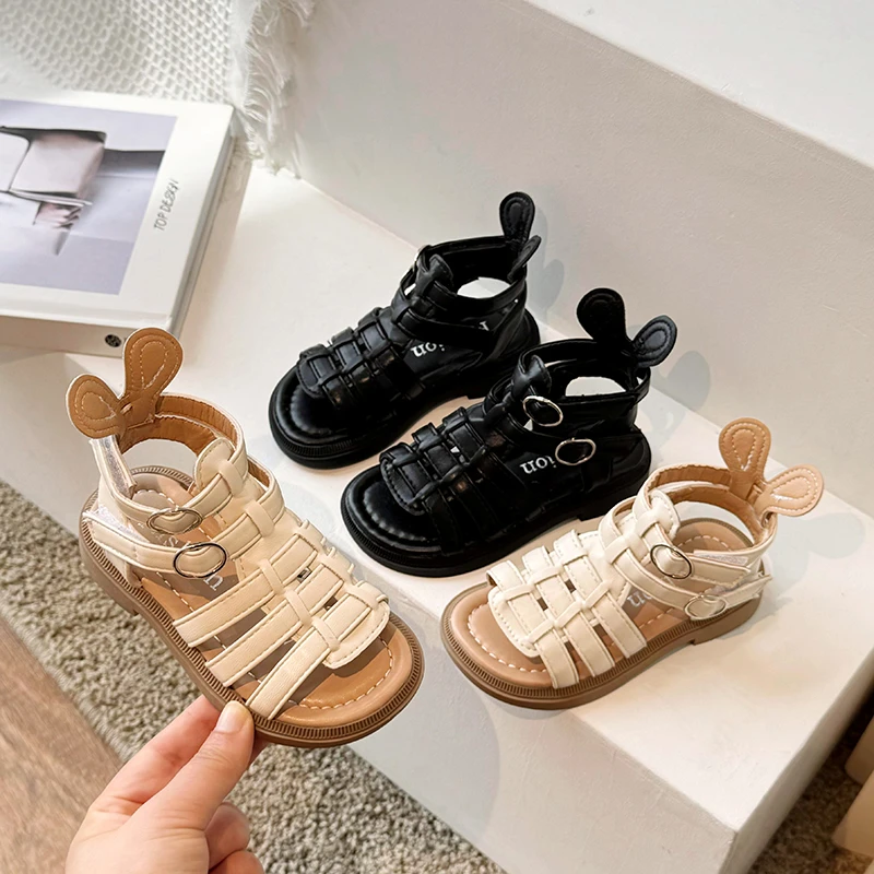 Toddler Girls High-top Leather Sandals 2026 New Summer Kids Roman Sandals Non-slip Simple Classic Retro Vacation Beach Sandals