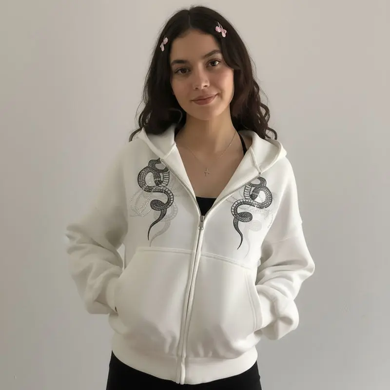 

Onalippa 2025 Новый американский ретро нишевый дизайн со змеиным принтом на молнии женская осенне-зимняя толстовка с капюшоном уличная одежда топ