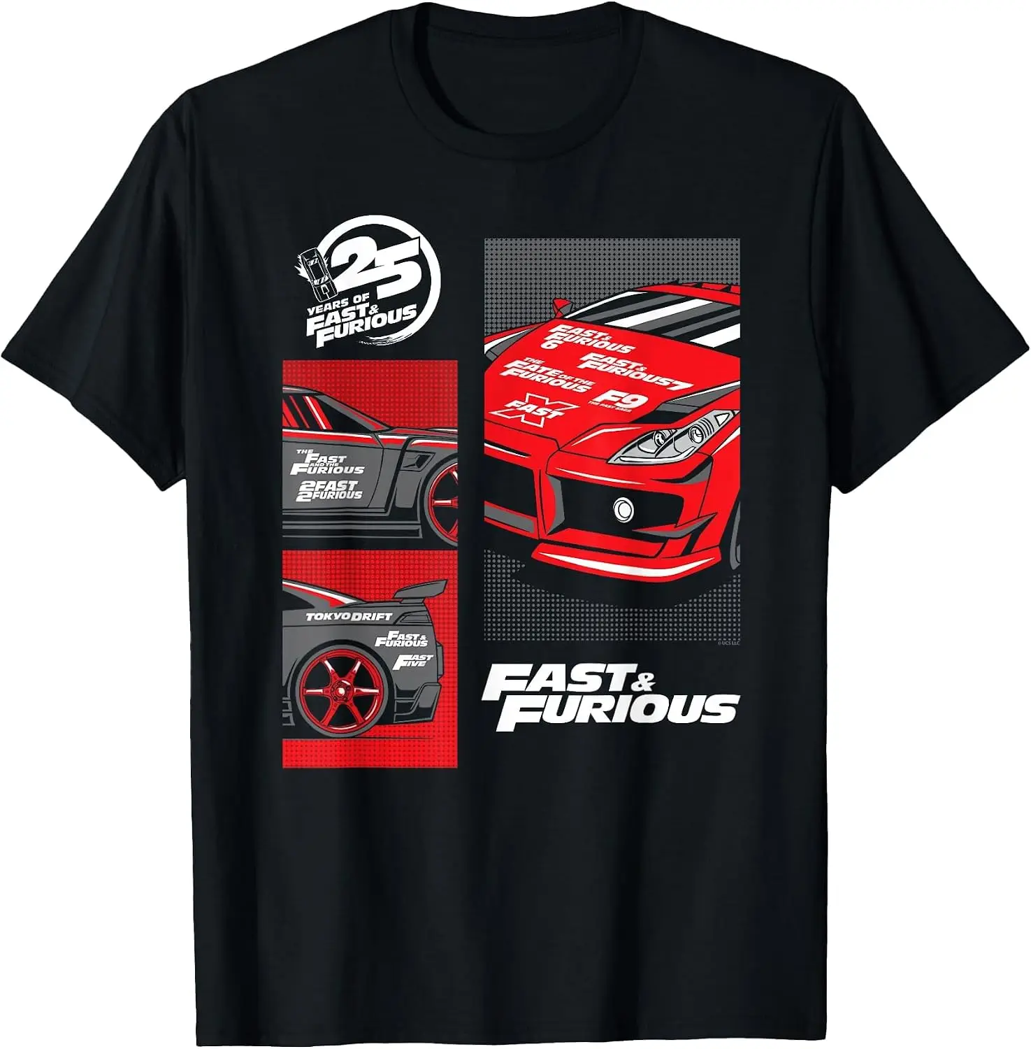 Fast & Furious 25Th Anniversary Car Montage T-Shirt Breathable, heavyweight pure cotton short-sleeve top—stylish, plus-size, and suitable for year-round wear with a sporty, casual vibe