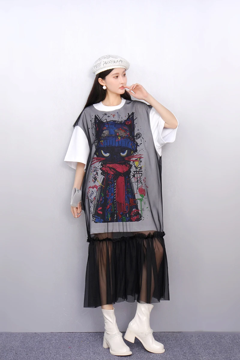 2025 夏のファッションエレガントなルーズメッシュロング Tシャツドレス女性半袖ドレスレディース卸売 J1124