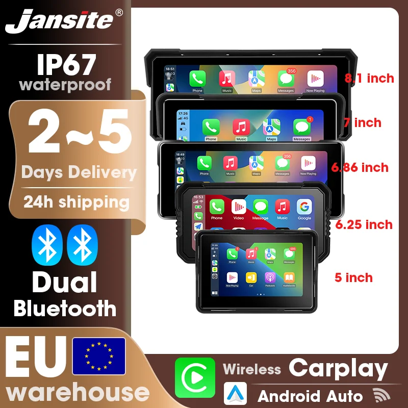 Écran d'affichage Moto Jansite de 5/6.25/6.86/7/8.1 pouces pour Android Auto Carplay, portable, étanche IPX7, navigatio…