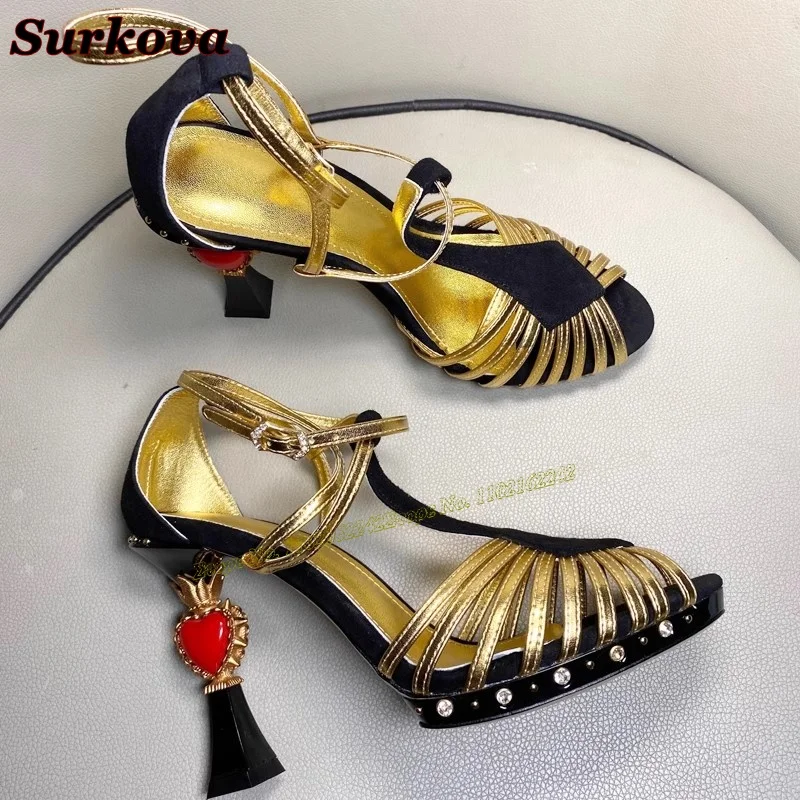 2024 New Hollow Breathable Women'S Shoes Round Head Special-Shaped Heel Buckle Strap High Heels Fashion Catwalk Dress Sandals 43