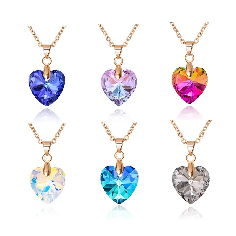 6Pcs Randomly Mix Heart-Shaped Cubic Zirconia Romantic Love Crystal Pendant Necklace Birthstone Jewelry Gift for Women Girl