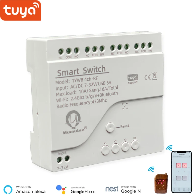 

Tuya Smart WiFi 7-32V Switch 4 Channel With Ding Rail Housing ,RF433, Bluetooth, Inching ,Self-lock ,Inter-lock,Works with Alexa