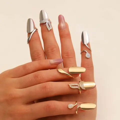 Fashion Metal Zircon Nail Cap Ring for Women Girls Luxury Gold Silver Color Detachable Nail Ring Party Jewelry Accessories
