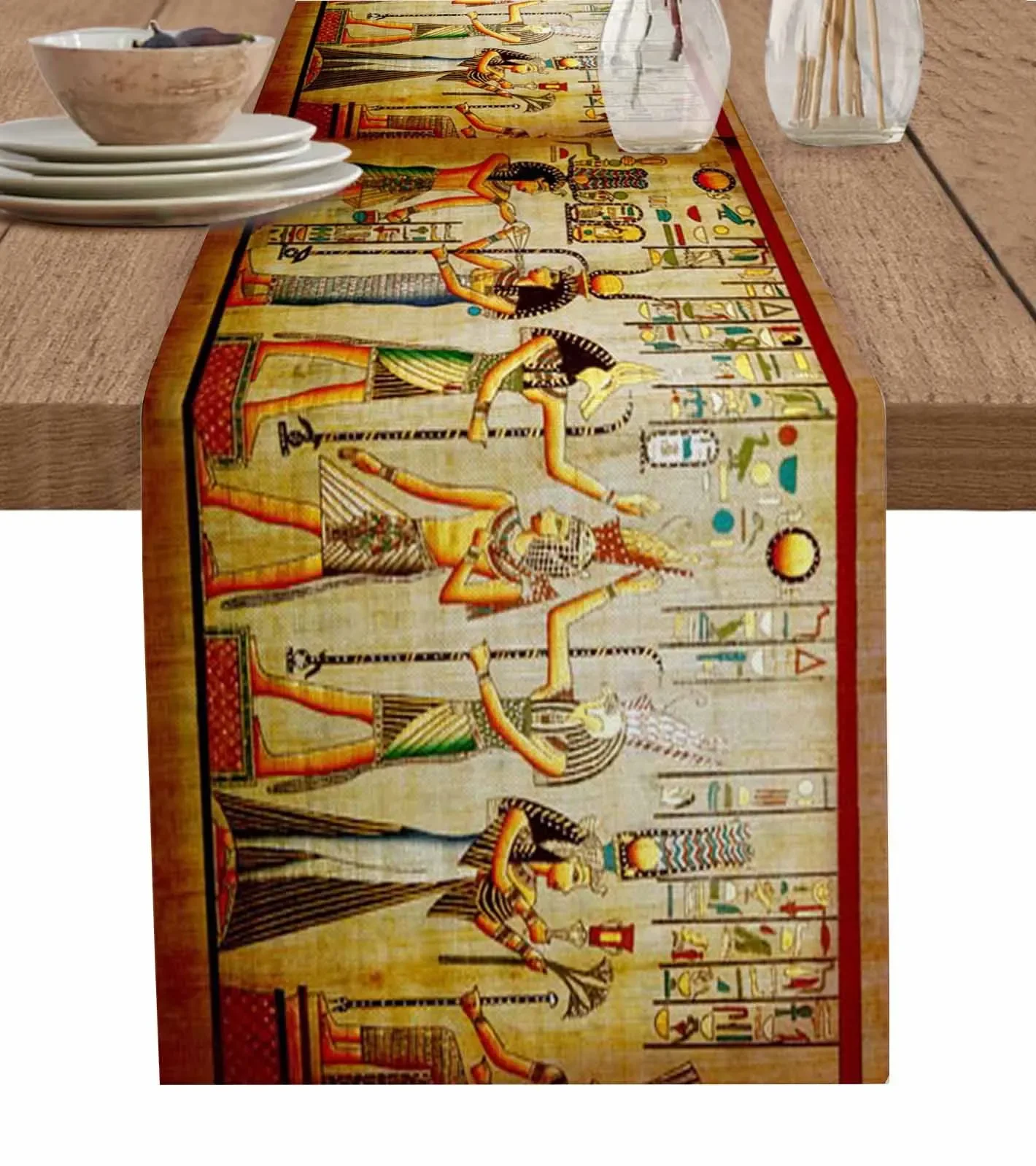 Egyptian Culture Retro Style Linen Table Runner Kitchen Table Decoration Farmhouse Dining Table Cloth Wedding Party Decor