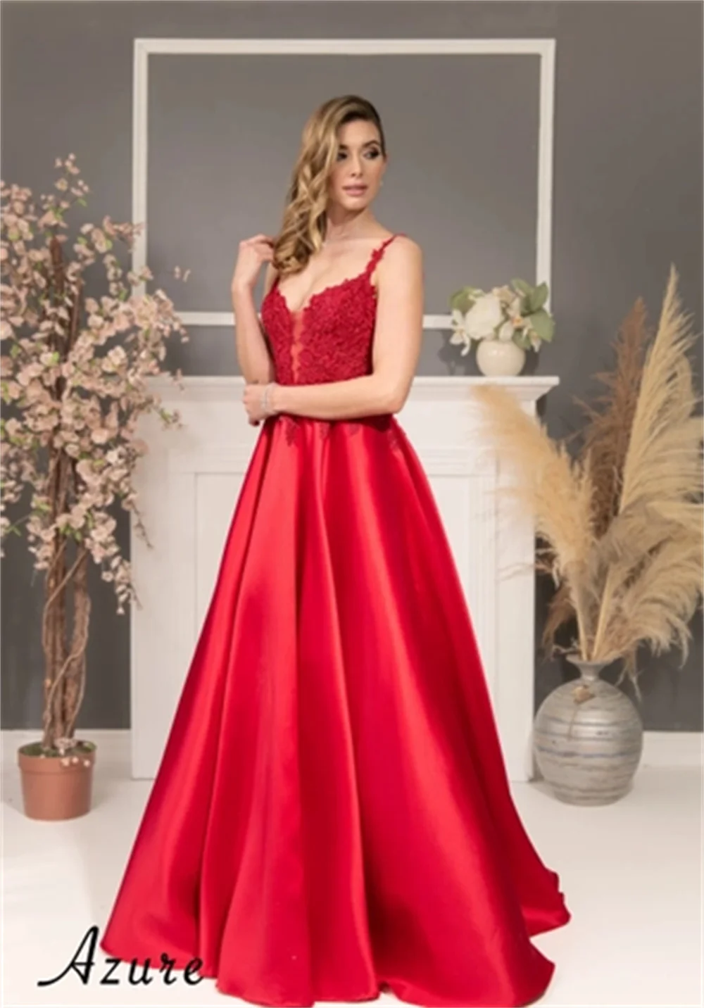 Annie gaun pengantin elegan merah gaun Prom Satin bordir mewah gaun acara resmi wanita model A-line