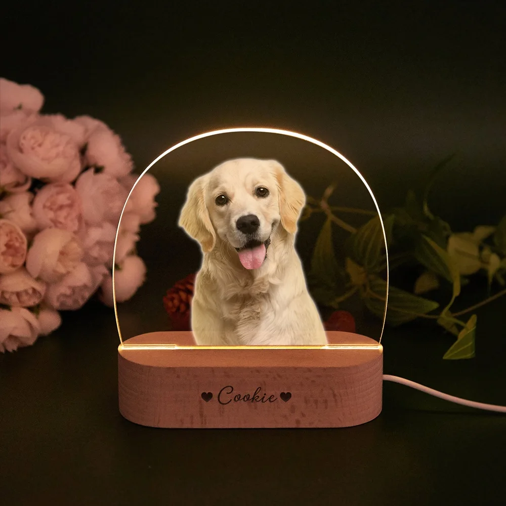 

Custom Pet Memorial Light with Photo Personalized Night Lamp for Deceased Dog Cat Sympathy Gift with Wood Base Memorial Plaque