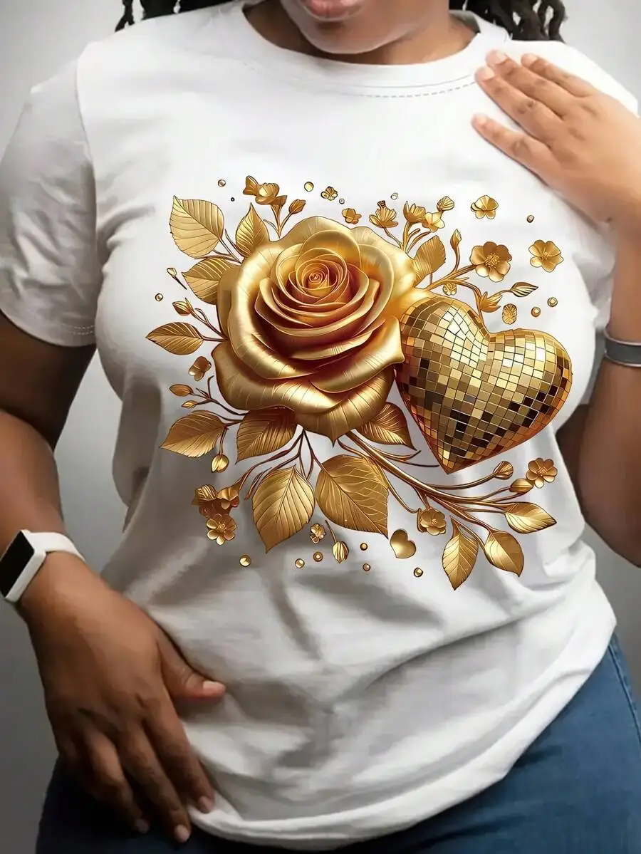 Women's Retro Round Neck Short Sleeve Graphic T-Shirt, Bright Yellow Glitter Rose & Golden Heart Print, Machine Washable Casual Tee For Valentine's Day Daily Wear