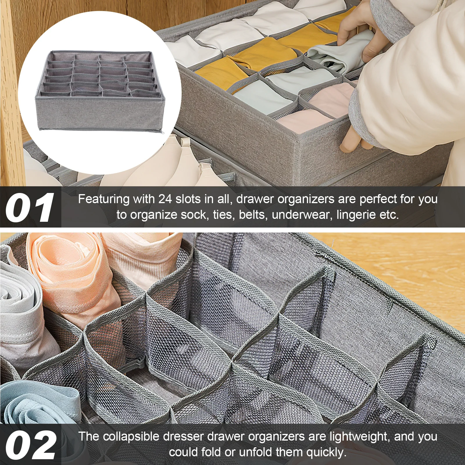 

2Pcs Drawer Organizer Box for Underwear Bra Socks Storage Foldable Closet Organizer Home Bedroom Bathroom Wardrobe Shelf Desk