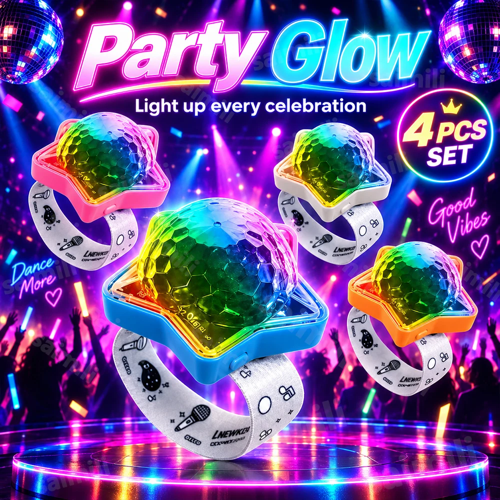 Wearable Star Disco Wrist Light 4‑Pack Sound Activated RGB Projector Lamp 360° Color Projection Adjustable Elastic Wrist Strap