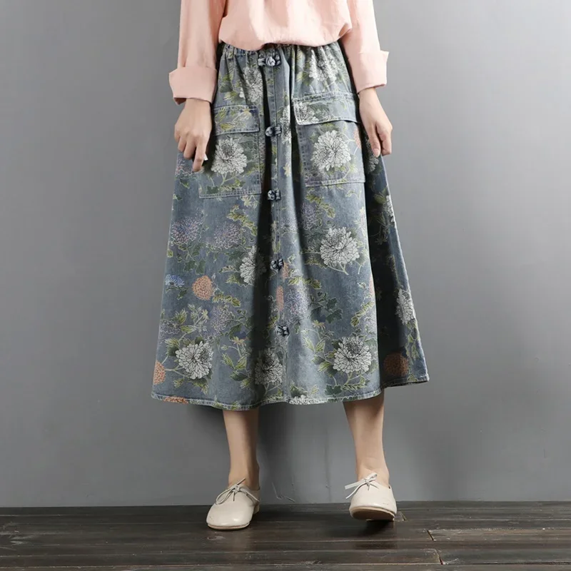 Rok denim Vintage untuk wanita, rok jeans pinggang tinggi wanita, rok A-line retro berkancing, Rok midi ukuran plus 10194