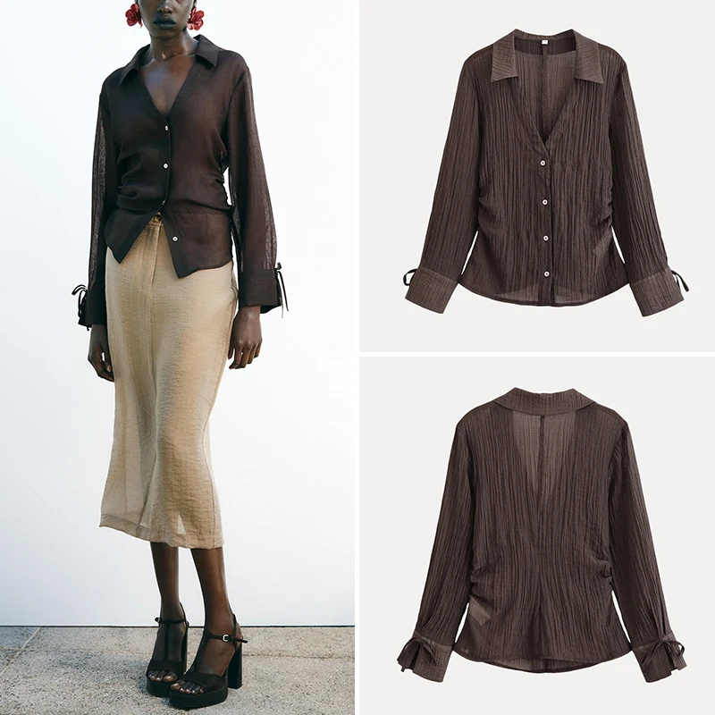 Przezroczysta długa sukienka damska z dekoltem w kształcie litery V, ozdobiona węzłem, do pracy, o prostym kroju, jednolita, wykonana w 100% z włókna poliestrowego.