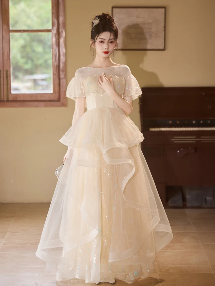 

Champagne Color Evening Gown Women's aduation Art Exam Host High-End Luxury Princ Sle Long Dr Sweet Sle