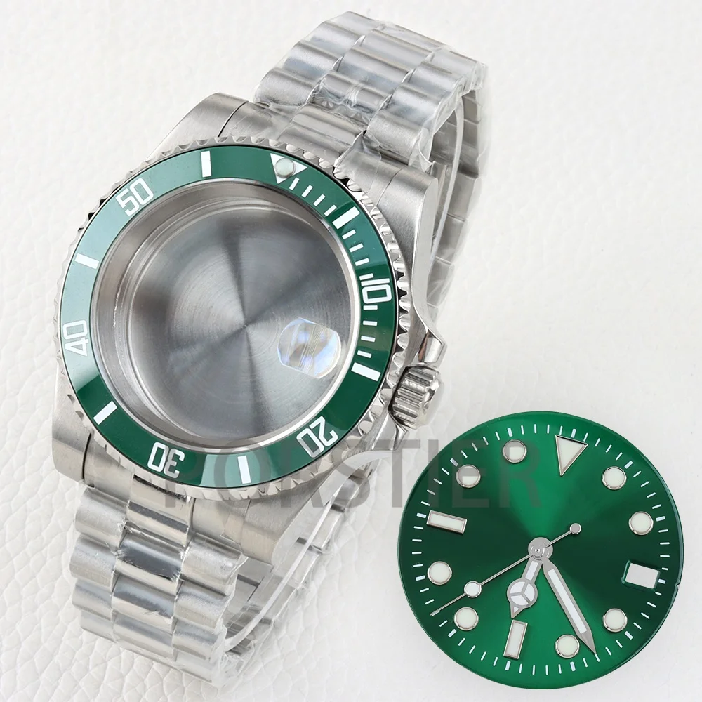 

28.5mm NH35 Dial Green Luminous 40mm Silver Stainless Steel Watch Case Sapphire Glass for Seiko Submariner NH35 NH36 Movement