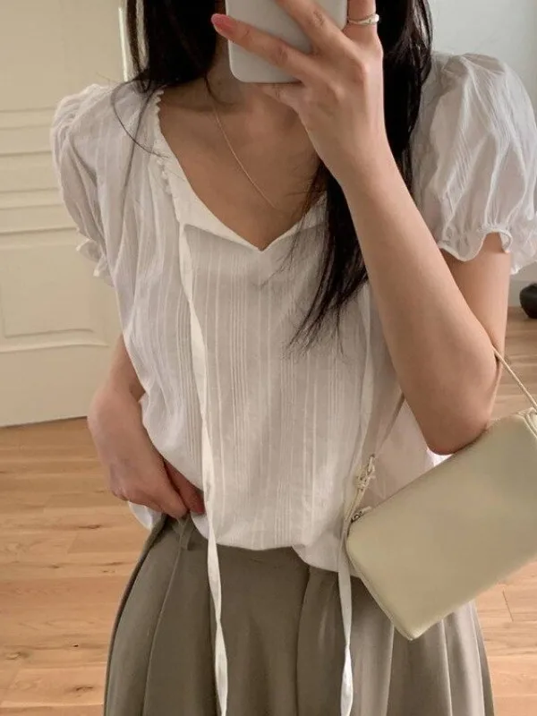 Chic Short Bubble Sleeve Shirt Women's  Youthful Bow Tie Halftone Neck White Korean Style Loose Fit Fashionable Top