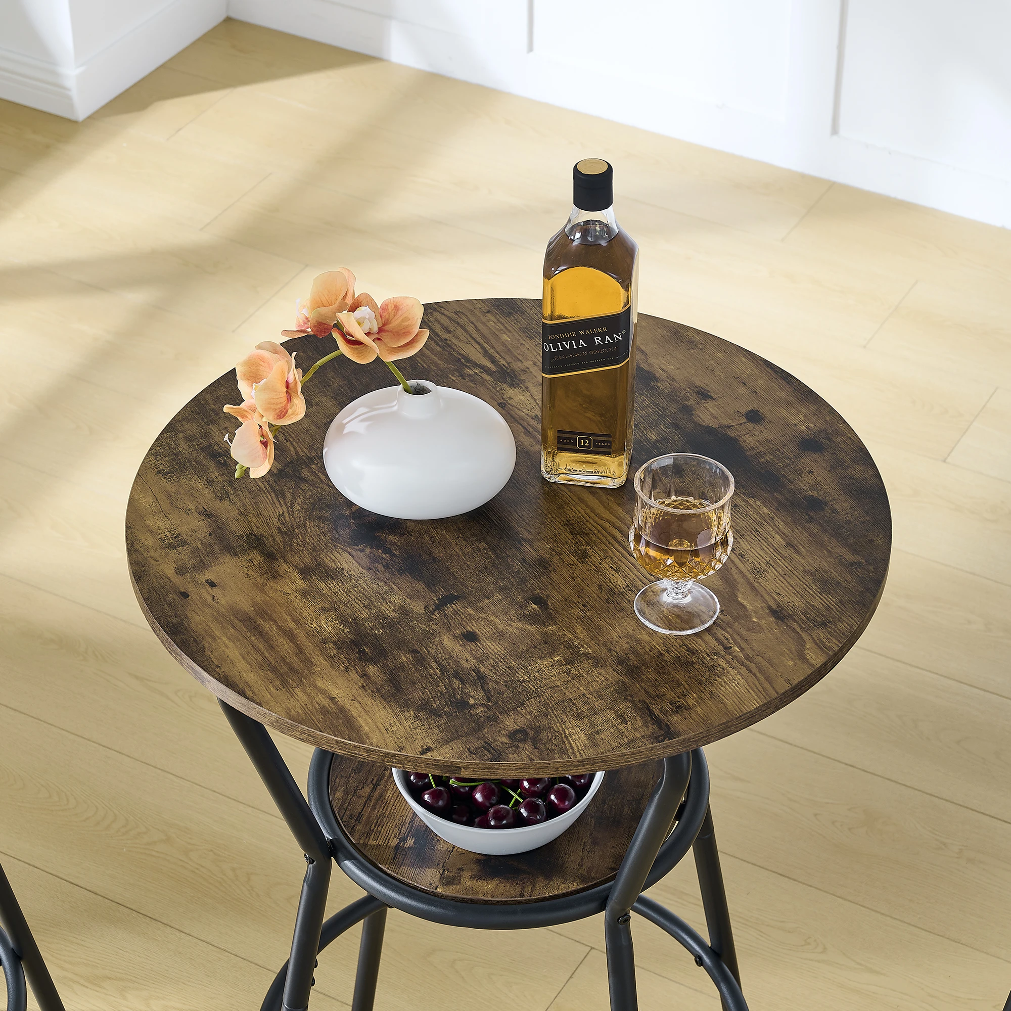 Modern Bar Dining Table Stool Set Shelf Upholstered Backrest Stool Rustic Brown Metal Wood 24.17