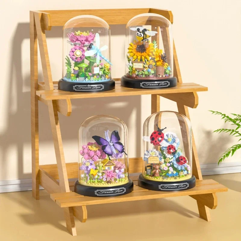 Insect Flower Building Blocks Set Bee Butterfly Plant Potted Model Bricks Set With Dust Cover Diy Toys For Kids Holiday Gifts