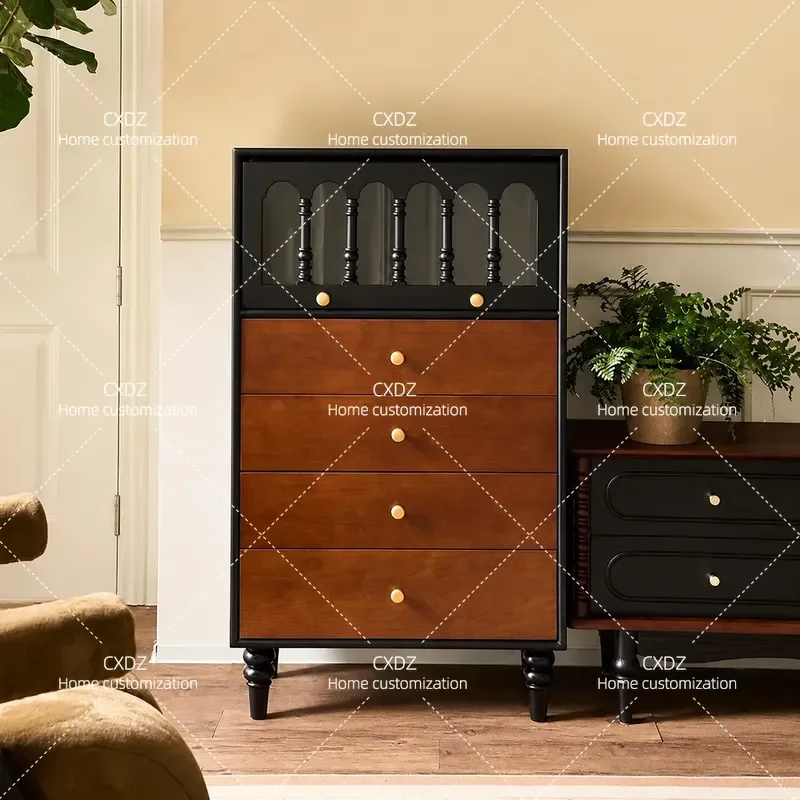 Retro Solid Wood Chest Antique Storage Cabinet for Bedroom Small Apartment Side Table Color Matching Bedside Nightstand