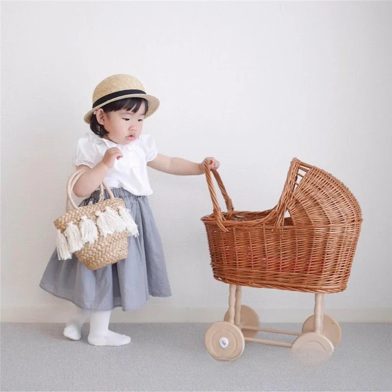 Ins Rattan Weave Stroller Toy Studio Photo Props Baby Doll Carriage Children\'s Room Decoration Play House Cart Pretend Play Toy