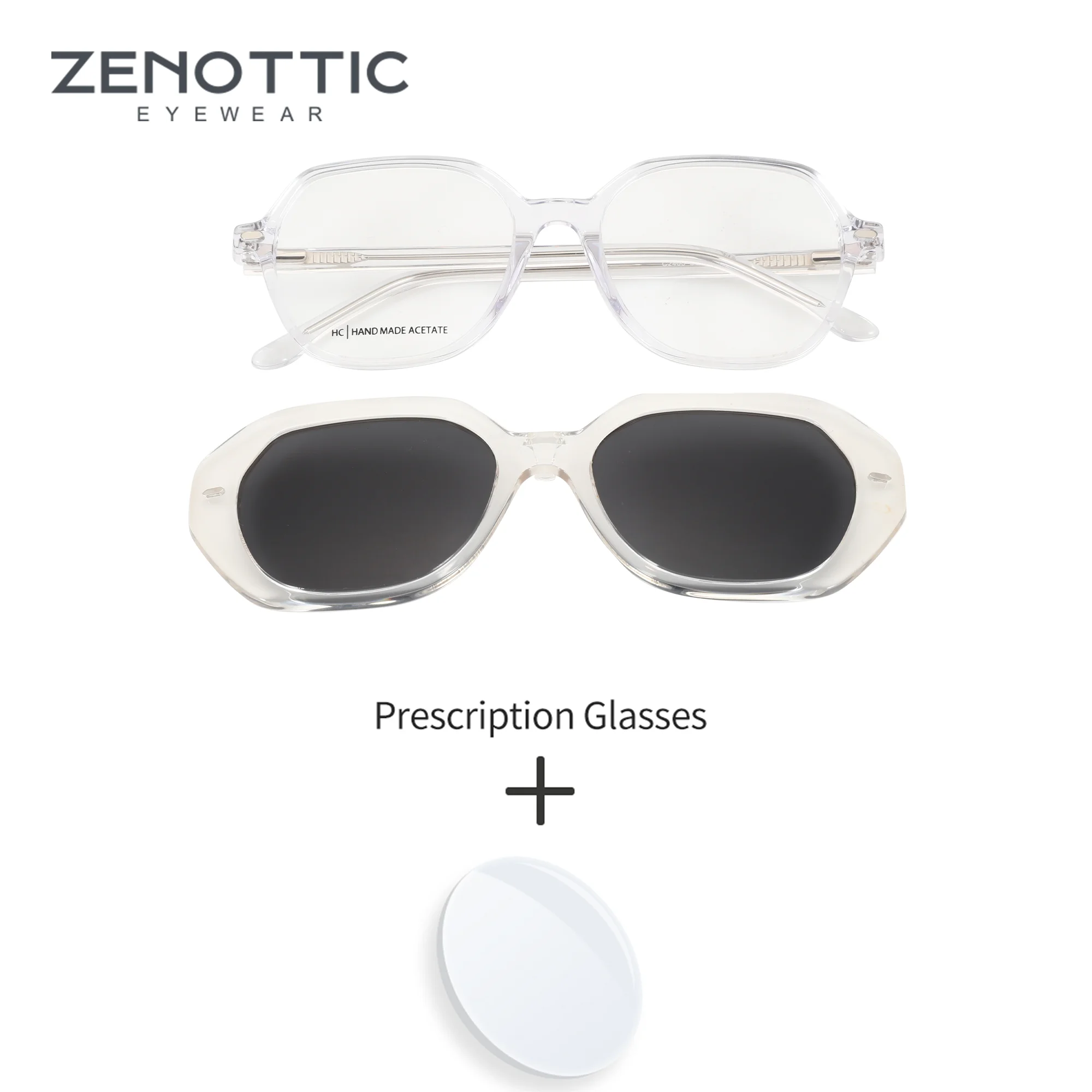

ZENOTTIC L Size Clip On Women Transparent Geometric Acetate with Anti-Blue Light Lenses and Polarized Prescription Glasses