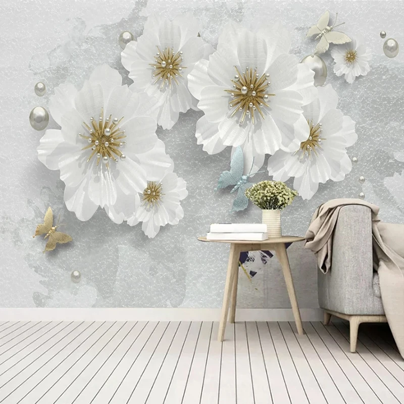 Custom 3D Mural Wallpaper White Jewelry Flower Retro Luxury Wall Paper For Living Room Walls TV Backdrop House Decoration Fresco