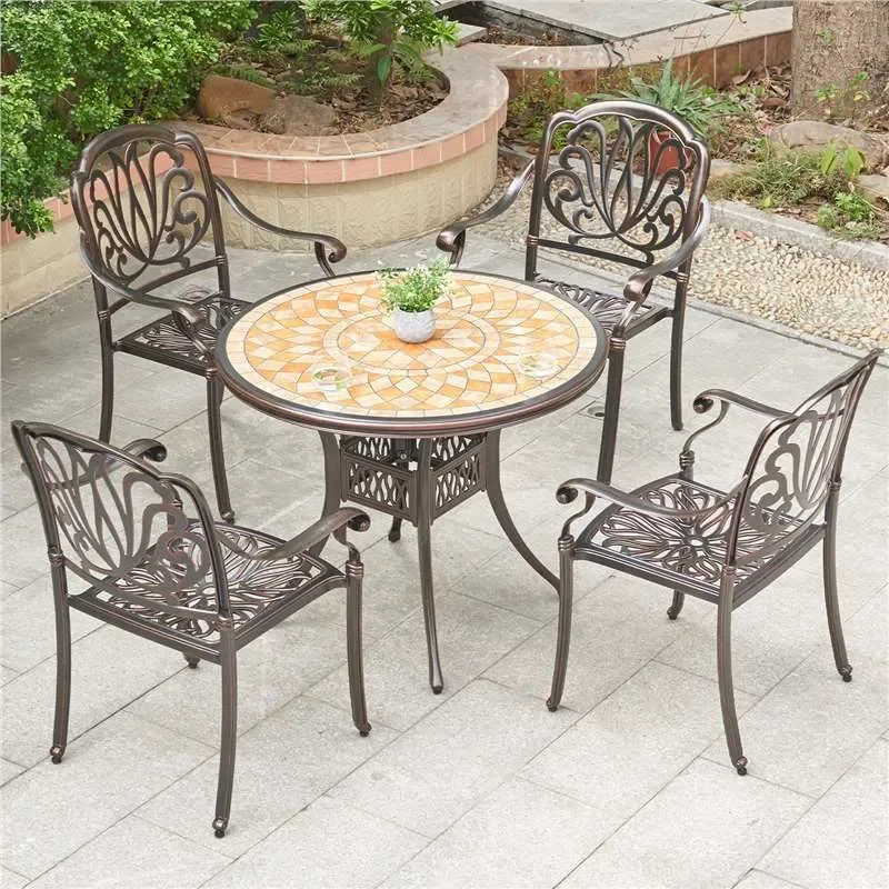 Aluminum Round Patio Dining Set Outdoor Tile Top Table and Chairs for Balcony Courtyard Garden Leisure Area