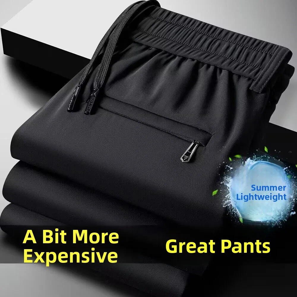 

Ice Silk Men's Casual Pants Summer Cool Large Size Loose Breathable Business Elastic Quick Dry Elastic Waist Straight Leg Lon...