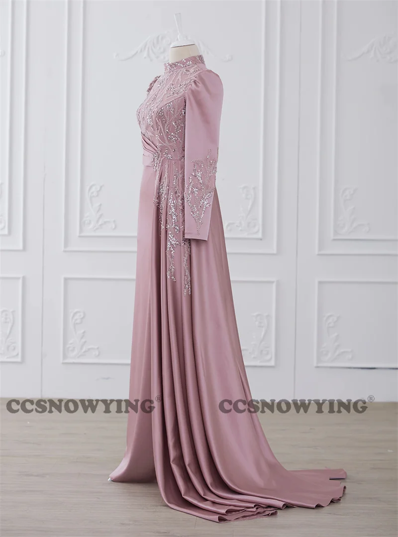 Robes de soirée musulmanes à manches longues pour femmes, Hijab, Satin islamique, Appliques perlées, Robe de soirée formelle, Arabe, Dubaï