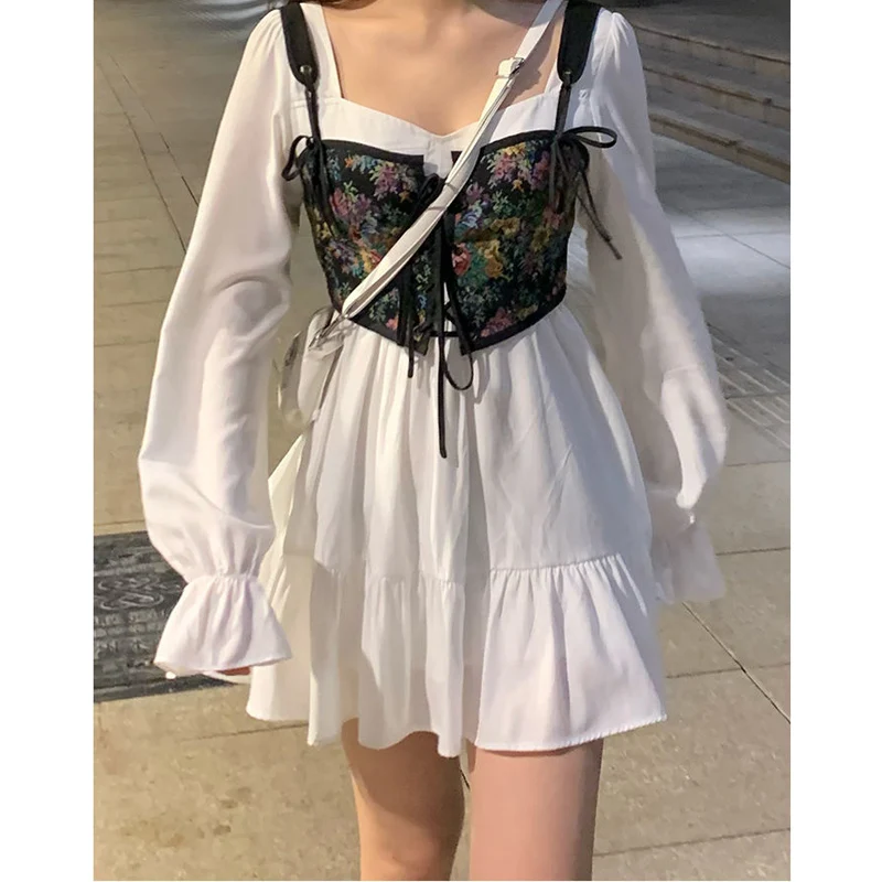 

Long Sleeve 2 Piece Dress Set Women Korean Fashion Vintage Floral Vest + Elegant Y2k Mini Dress 2023 Autumn Casual Kawaii Dress
