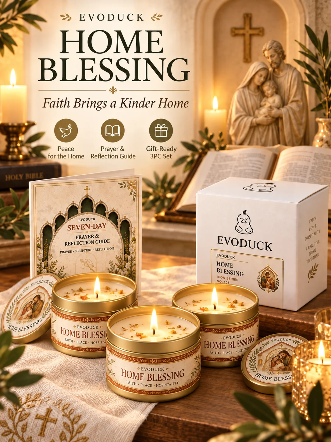 Home Blessing Candle Holy Family 3pcs Gold Tin Prayer Scented Candles with Dried Flower Petals Prayer Guide Gift Box Faith Peace Hospitality Catholic Christian Housewarming Gift New Home Religious Decor for Family Wedding Newlywed Couple