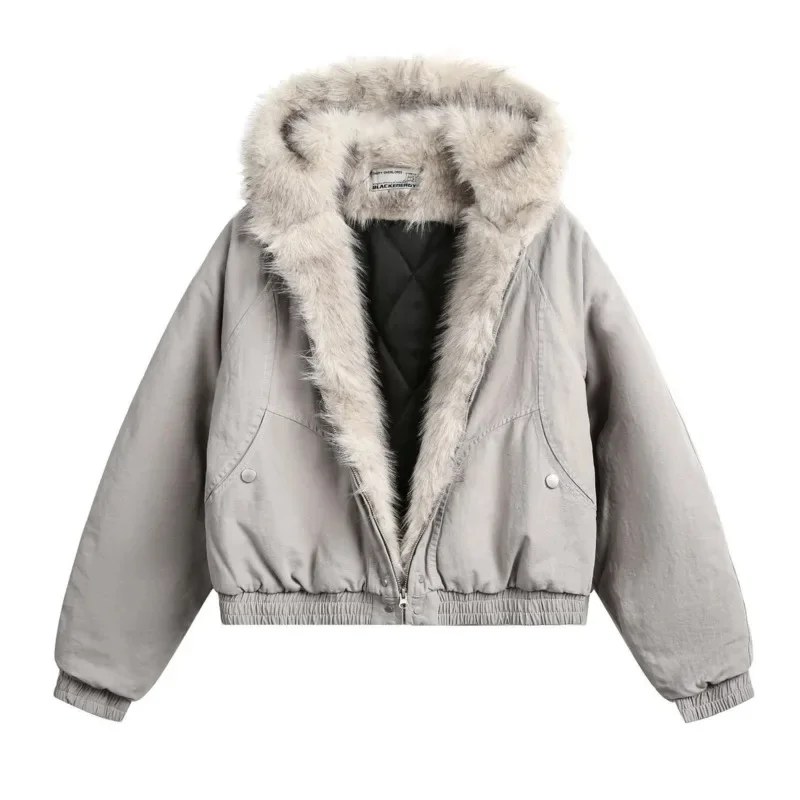 Y2K Aesthetic Carved Fur Collar Hoodie Jacket Women Fashion European American Hooded Short Thick Cotton Jacket Trend Top Men New