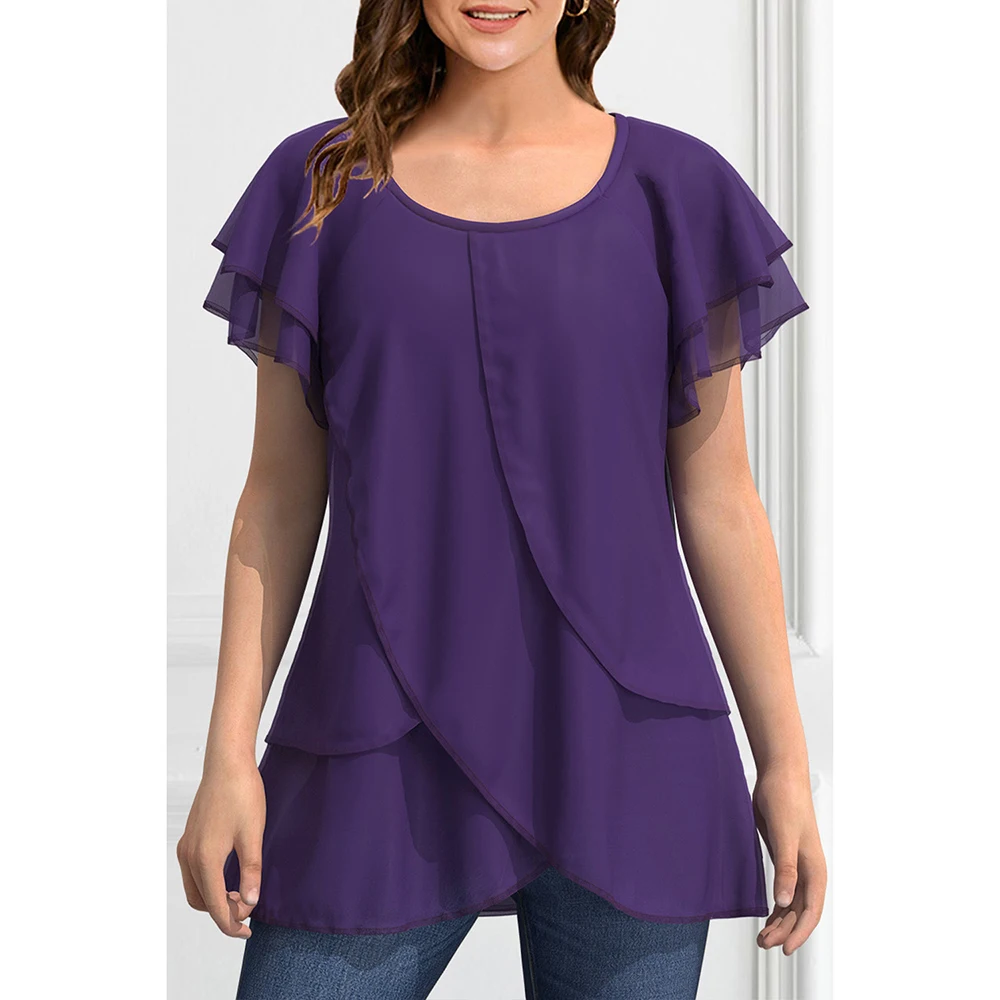 Camisa asimétrica de talla grande para mujer, camisa informal de gasa púrpura oscura, manga con volantes, dobladillo en capas