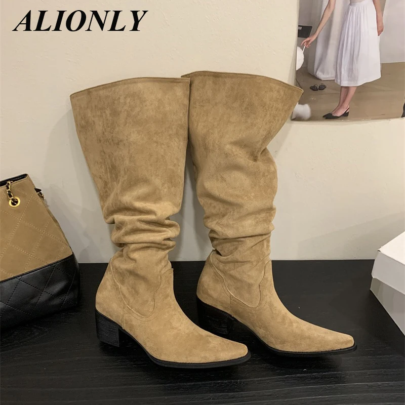 

Alionly Punk Style Round Toe Woman Knee-High Boots 2026 Autumn Winter Low Heels Long Booties Ladies Shoes