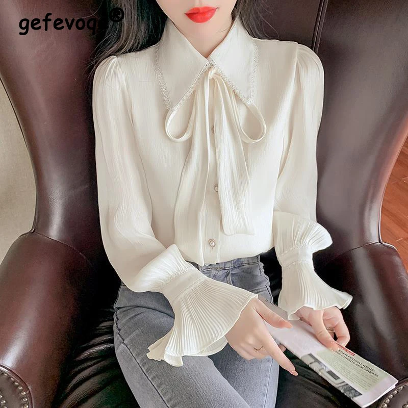 Elegant Chic Sweet Lace Up Bow Pleated Flare Long Sleeve Street Button Up Shirt New Korean Fashion Solid Top Blouse Women Blusas