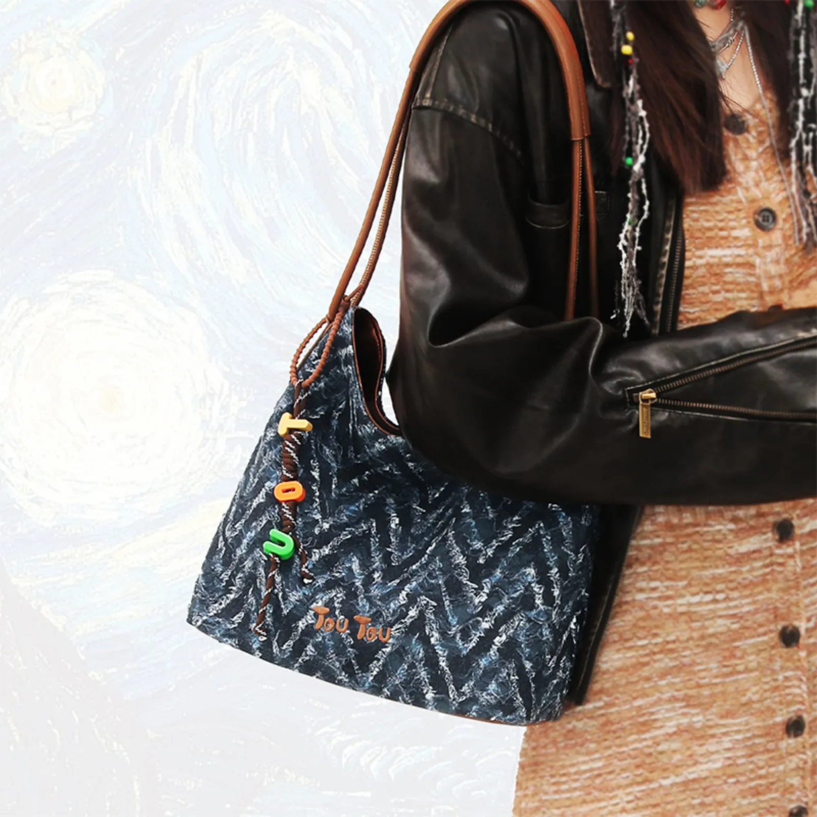 

TOUTOU женская большая сумка для рождественского подарка, оригинальная тысяча слоев, осенне-зимняя стираная джинсовая сумка, нишевая сумка на плечо подмышками