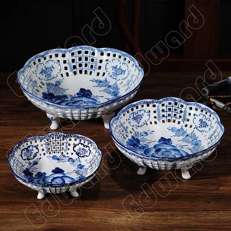 Fruit Tray Blue and White Ceramic Plates Creative Household Trays Modern Style Hollowed Out Hand-painted Plates Storage Trays