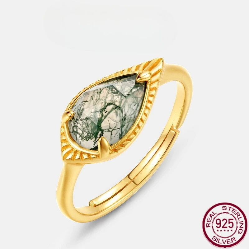 

New S925 pure silver vintage light luxury natural green moss stone inlaid with water grass agate open ring wedding jewelry