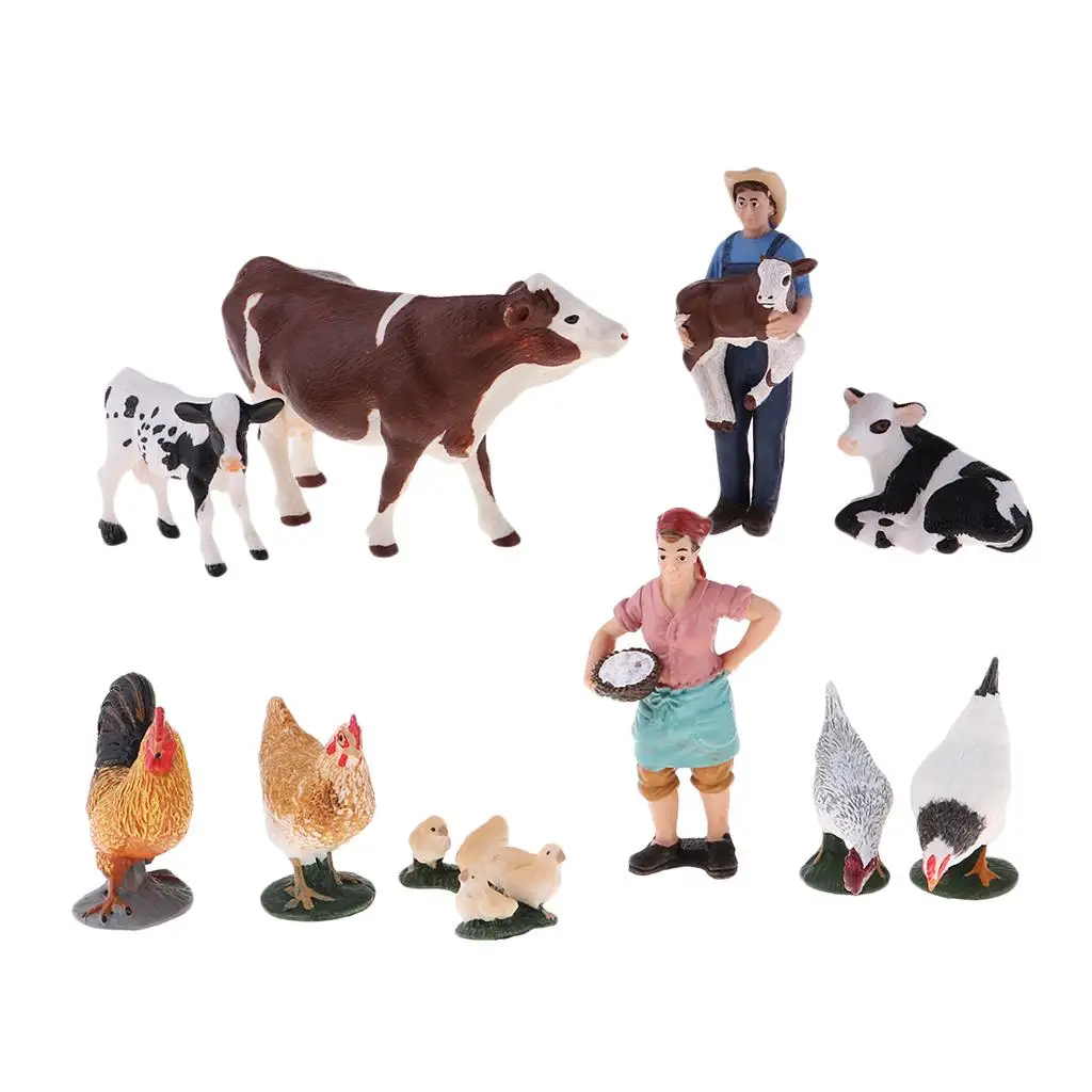 Farm Animal Cows Hens Set People Figure Playset Kids Educational Toys