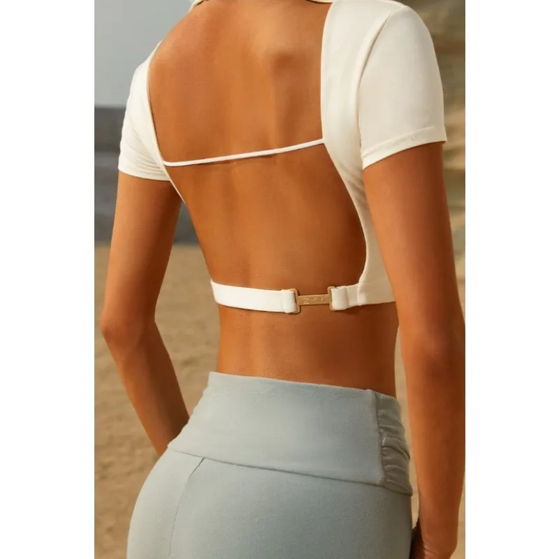 UK Latin Dance Sexy Cropped Open Back Short Sleeve Top Women Summer Training Outfit Professional Costume with Built-in Bra