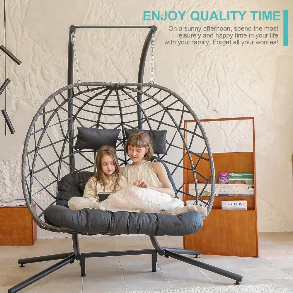 Double Egg Swing Chair with Stand, 2 Person Wicker Hanging Chair with Stand, Outdoor Indoor Oversized Hammock Chair