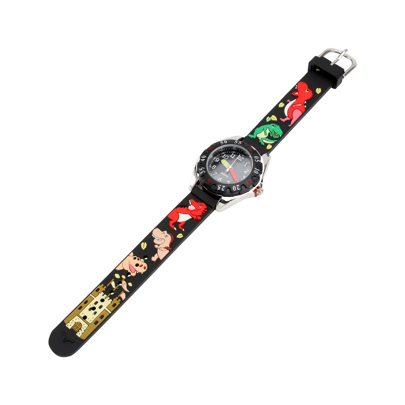 Silicone Kids Watch 3D Cartoon Design Waterproof Quartz Movement Wristwatch For Children Boys Girls Dinosaur Alloy Black