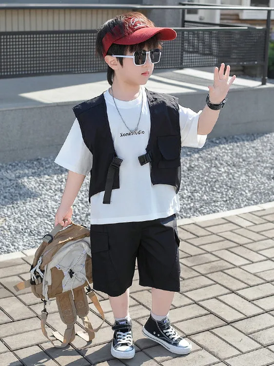 男の子用サマーカジュアルコットンベストtシャツショーツセット-クールなベビー服-半袖トレンディ3ピーススーツ-2～8歳向け