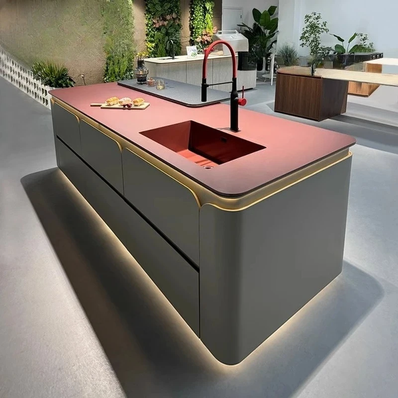 High-end slate flush island table integrated household kitchen simple arc corner designer model