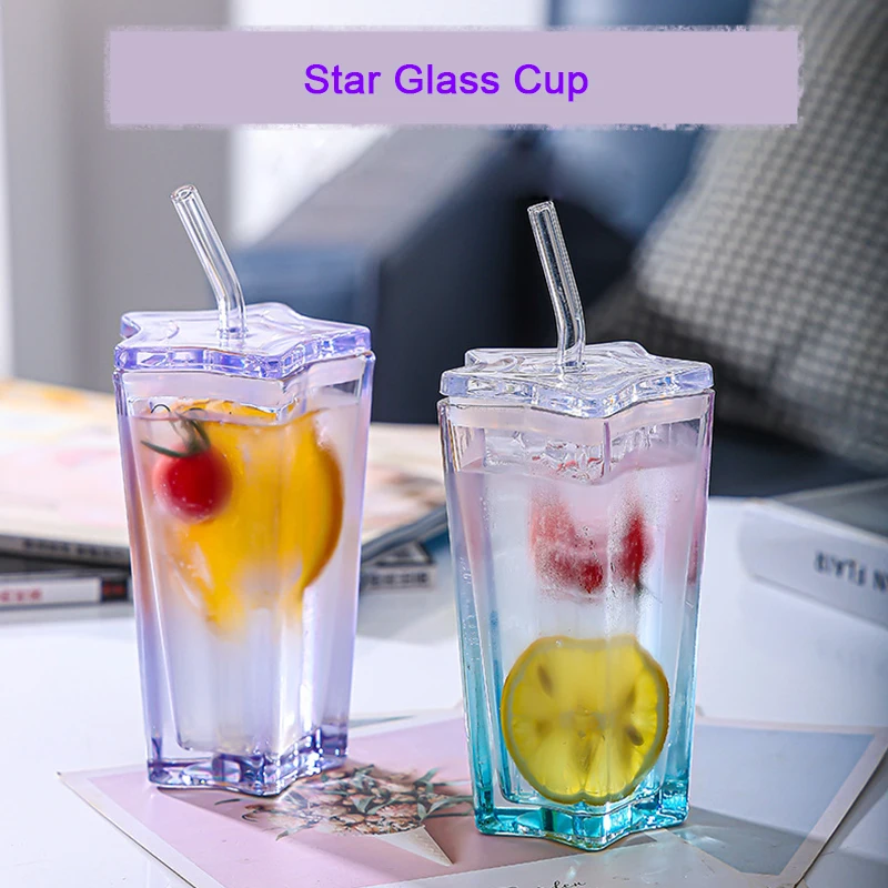 Starry Glass Cup with Lid, Straw Cup, Gradient Color, Drinkings, Juice, Office, Water Mugs, Milk, Tea Cup, Romantic